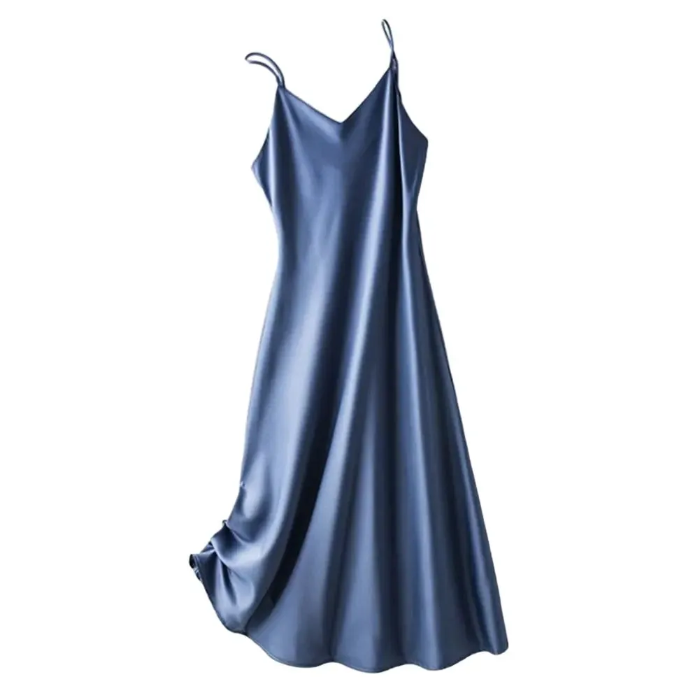 Satin Women Slip Long Dress Sexy V-Neck Sleeveless Backless Female Maxi Dresses Spring New Elegant Loose Lady Robes