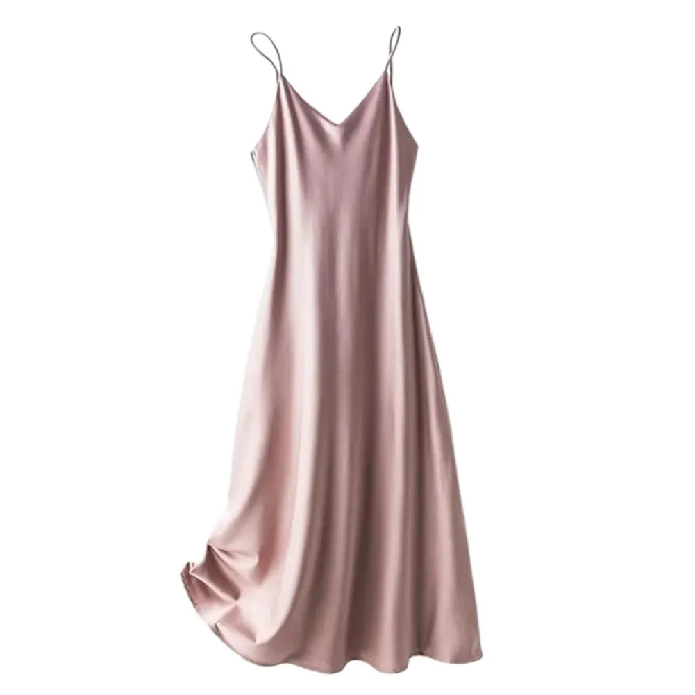 Satin Women Slip Long Dress Sexy V-Neck Sleeveless Backless Female Maxi Dresses Spring New Elegant Loose Lady Robes