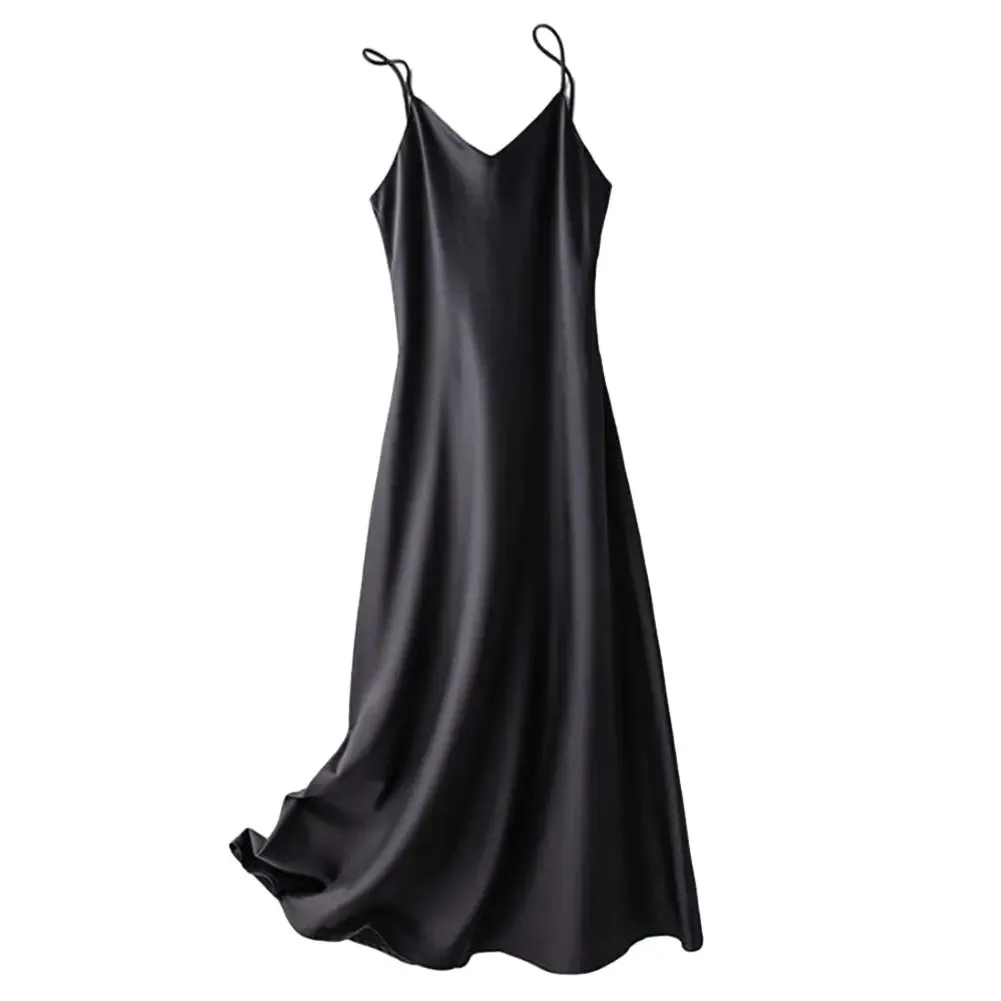 Satin Women Slip Long Dress Sexy V-Neck Sleeveless Backless Female Maxi Dresses Spring New Elegant Loose Lady Robes