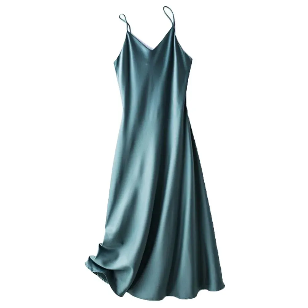 Satin Women Slip Long Dress Sexy V-Neck Sleeveless Backless Female Maxi Dresses Spring New Elegant Loose Lady Robes