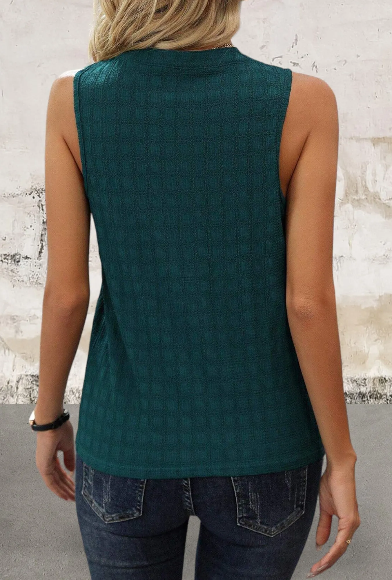 Sea Green Lattice Textured Split Neck Top