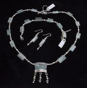 Set Of Roman Glass Bracelet, Earrings & Necklace Sterling Silver 925