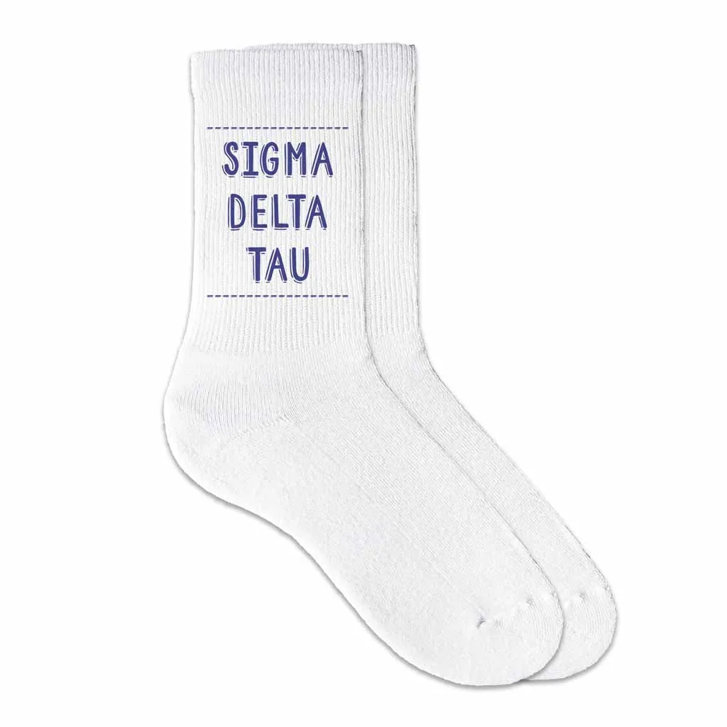 Sigma Delta Tau Crew Socks with Sigma Delta Tau Name in Sorority Colors