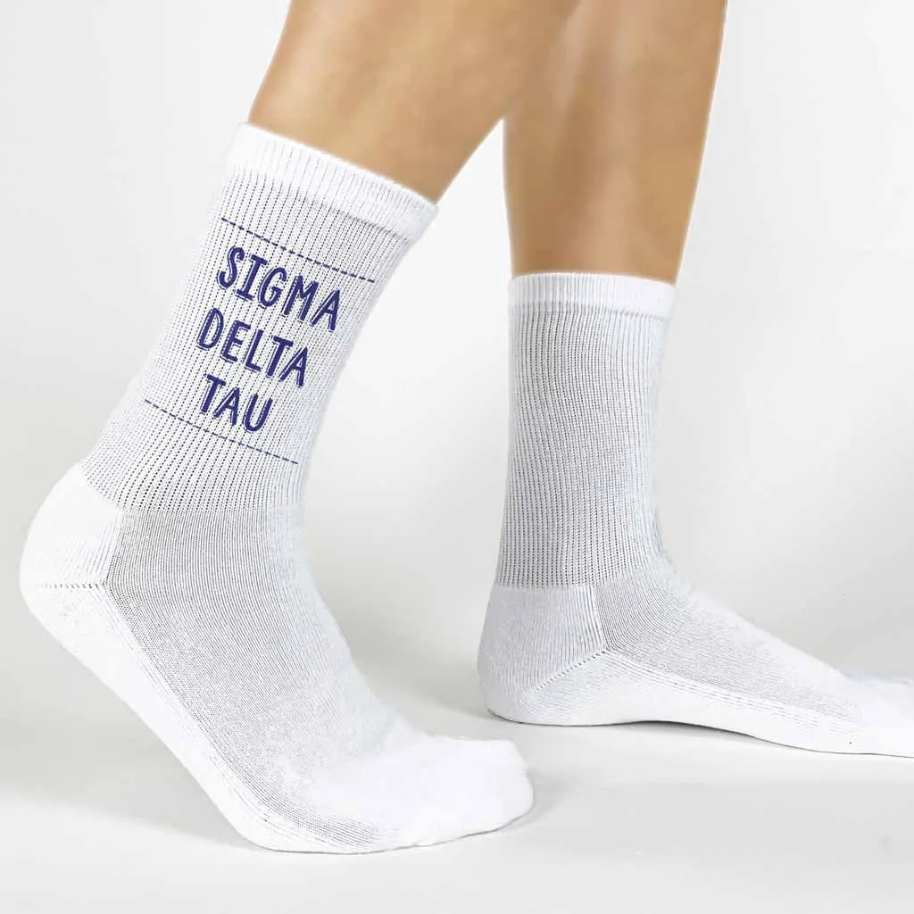 Sigma Delta Tau Crew Socks with Sigma Delta Tau Name in Sorority Colors