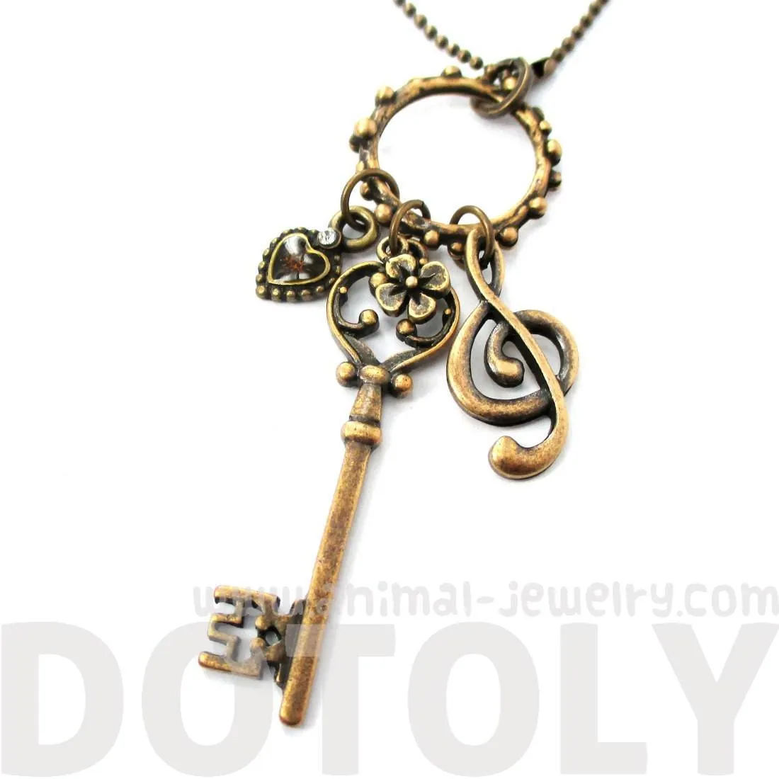 Skeleton Key Heart and Treble Clef Pendant Necklace in Brass | DOTOLY