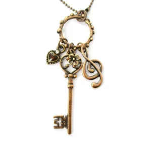 Skeleton Key Heart and Treble Clef Pendant Necklace in Brass | DOTOLY