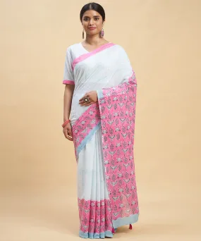 Sky blue pink cotton hand block sanganeri printed saree