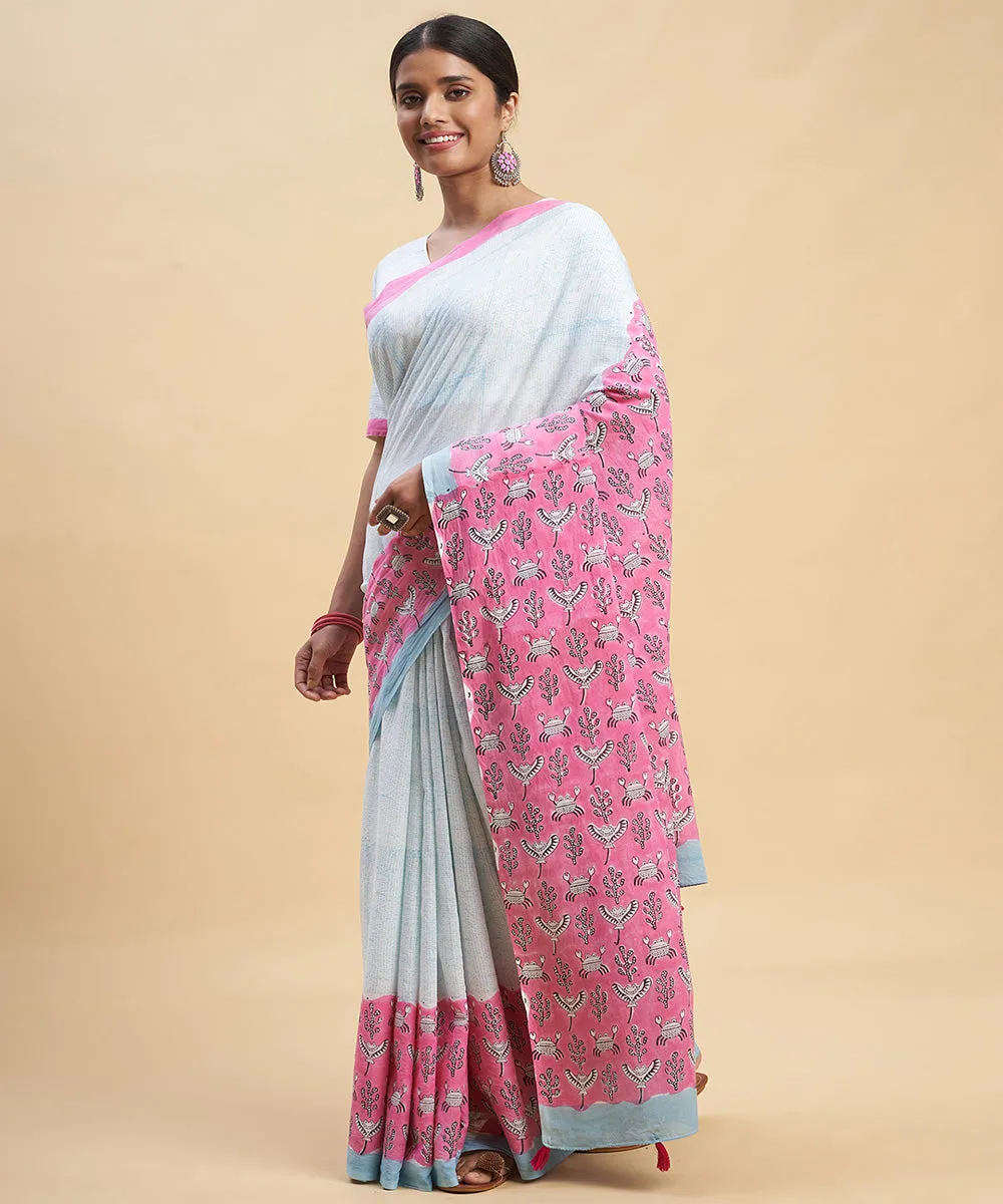 Sky blue pink cotton hand block sanganeri printed saree