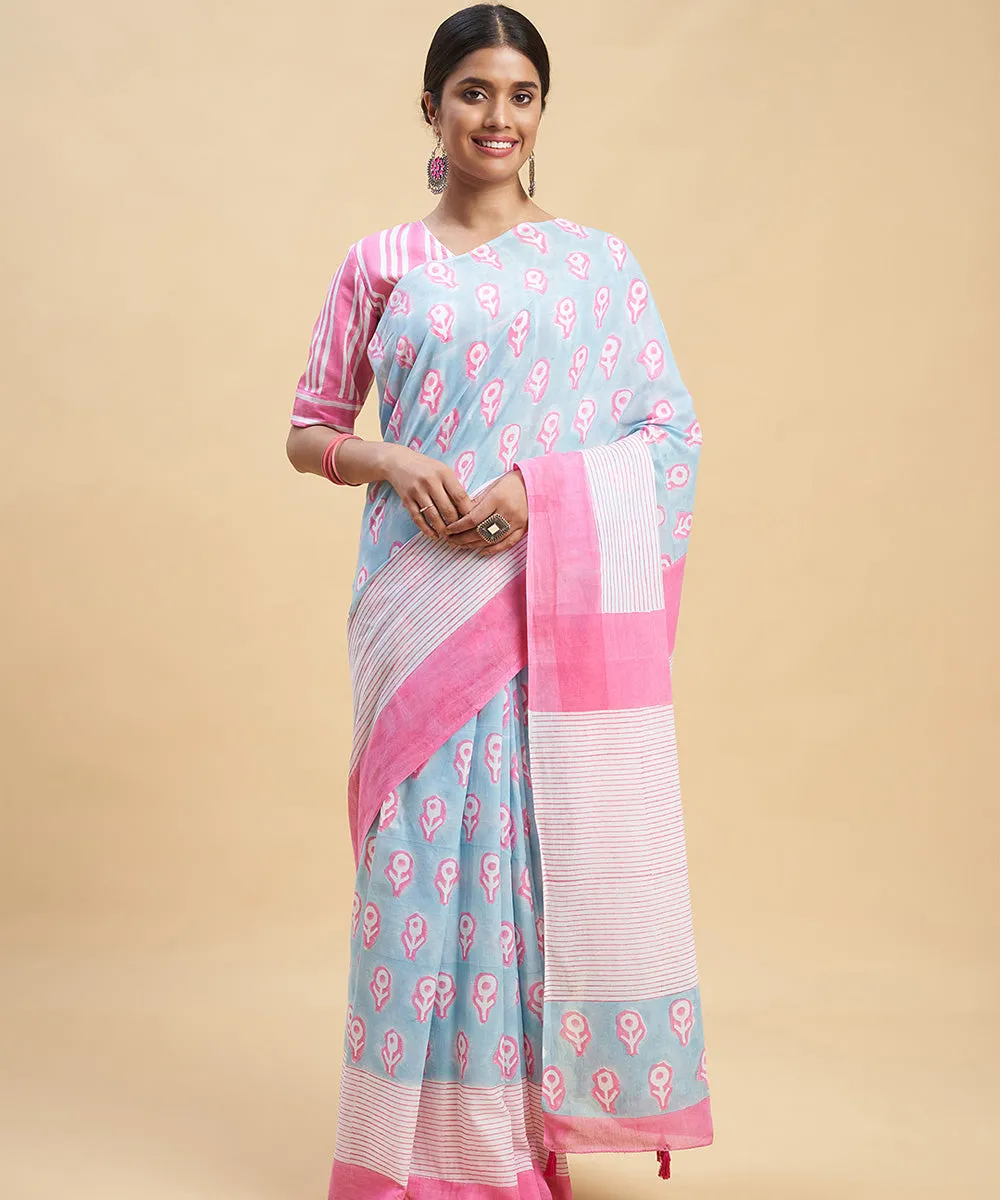 Sky blue pink sanganeri hand block printed cotton saree