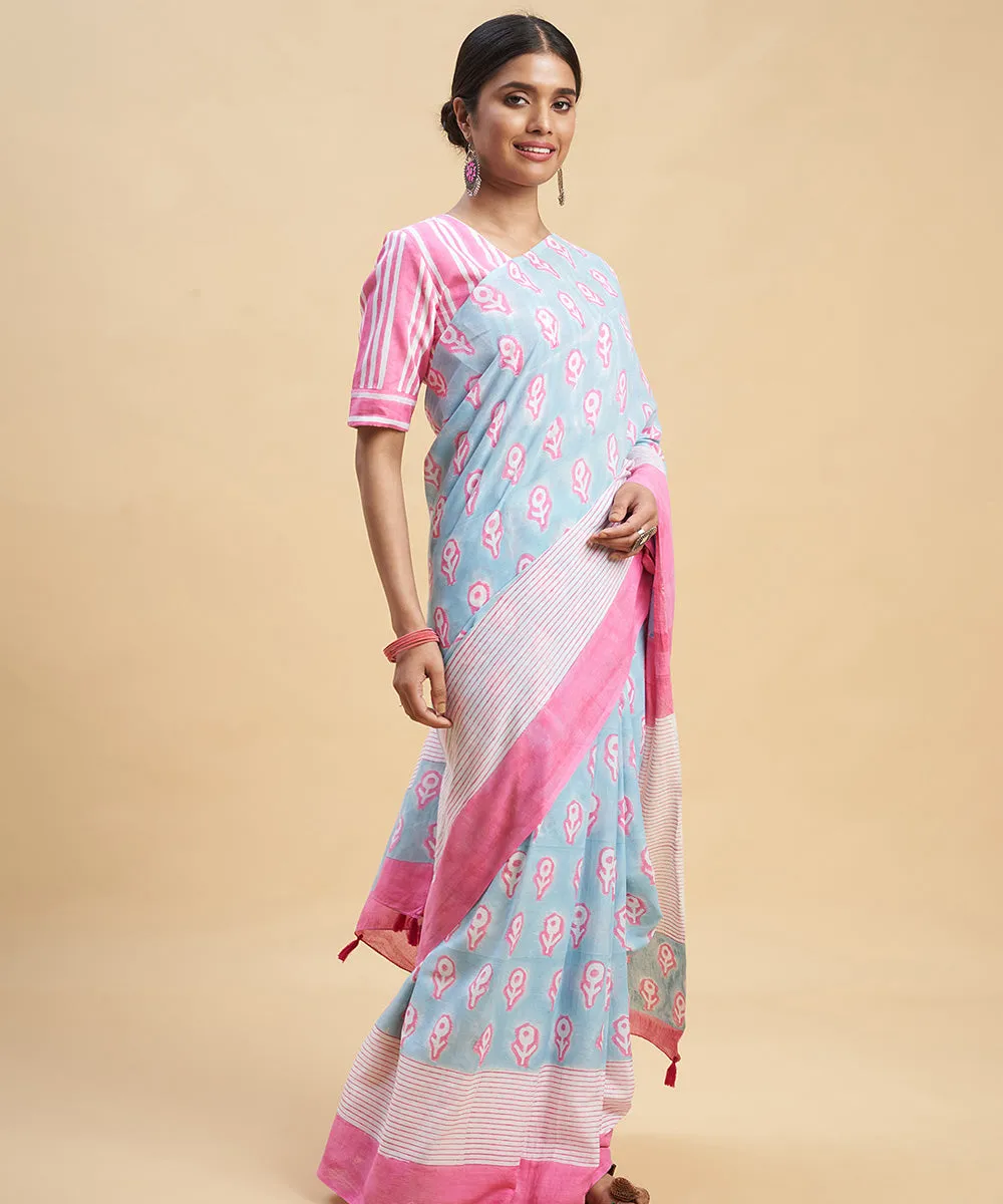 Sky blue pink sanganeri hand block printed cotton saree