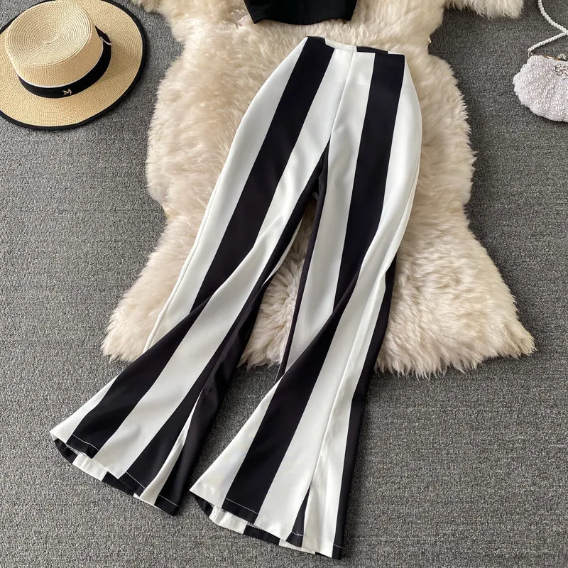 Sleeveless Short Strap Tops High Waist Long Flare Pants Two Piece Suits