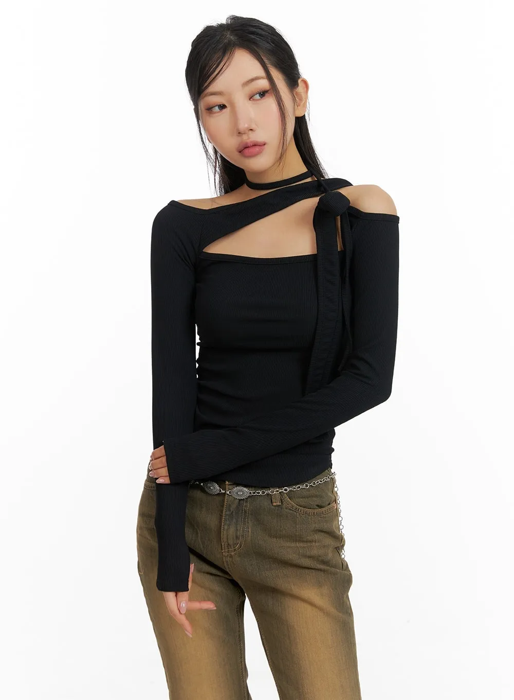 Solid Asymmetrical Neck Cut-Out Long Sleeve Top CM411