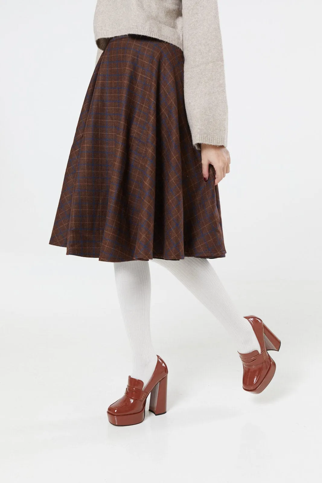 Sophie Blue & Brown Woollen Check Tartan Midi Swing Skirt