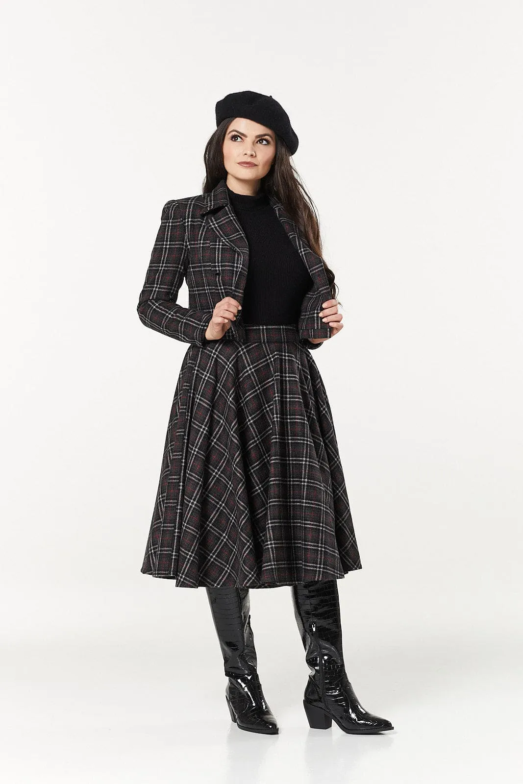 Sophie Charcoal Woollen Check Tartan Midi Swing Skirt