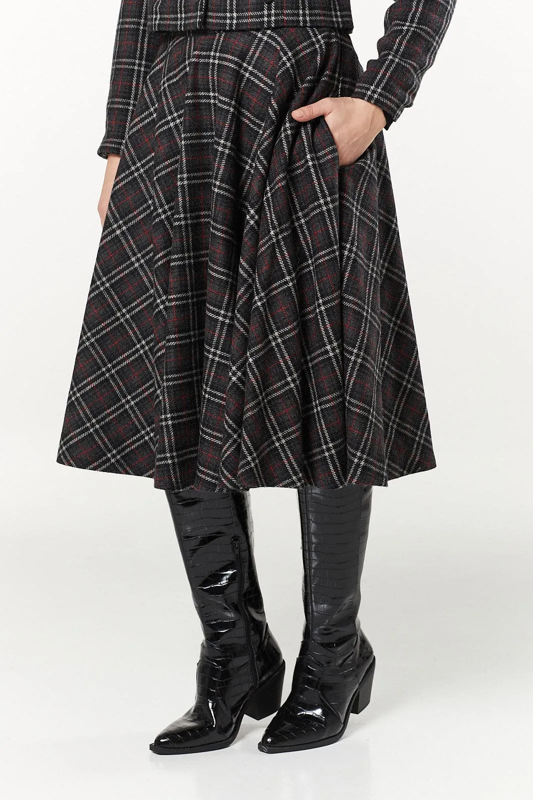 Sophie Charcoal Woollen Check Tartan Midi Swing Skirt