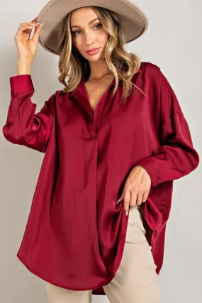 Tab Collar Blouse Top - Wine