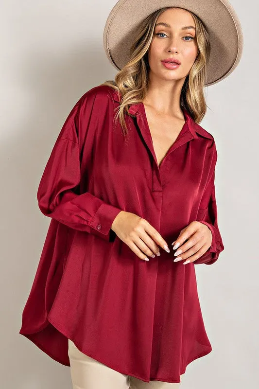 Tab Collar Blouse Top - Wine