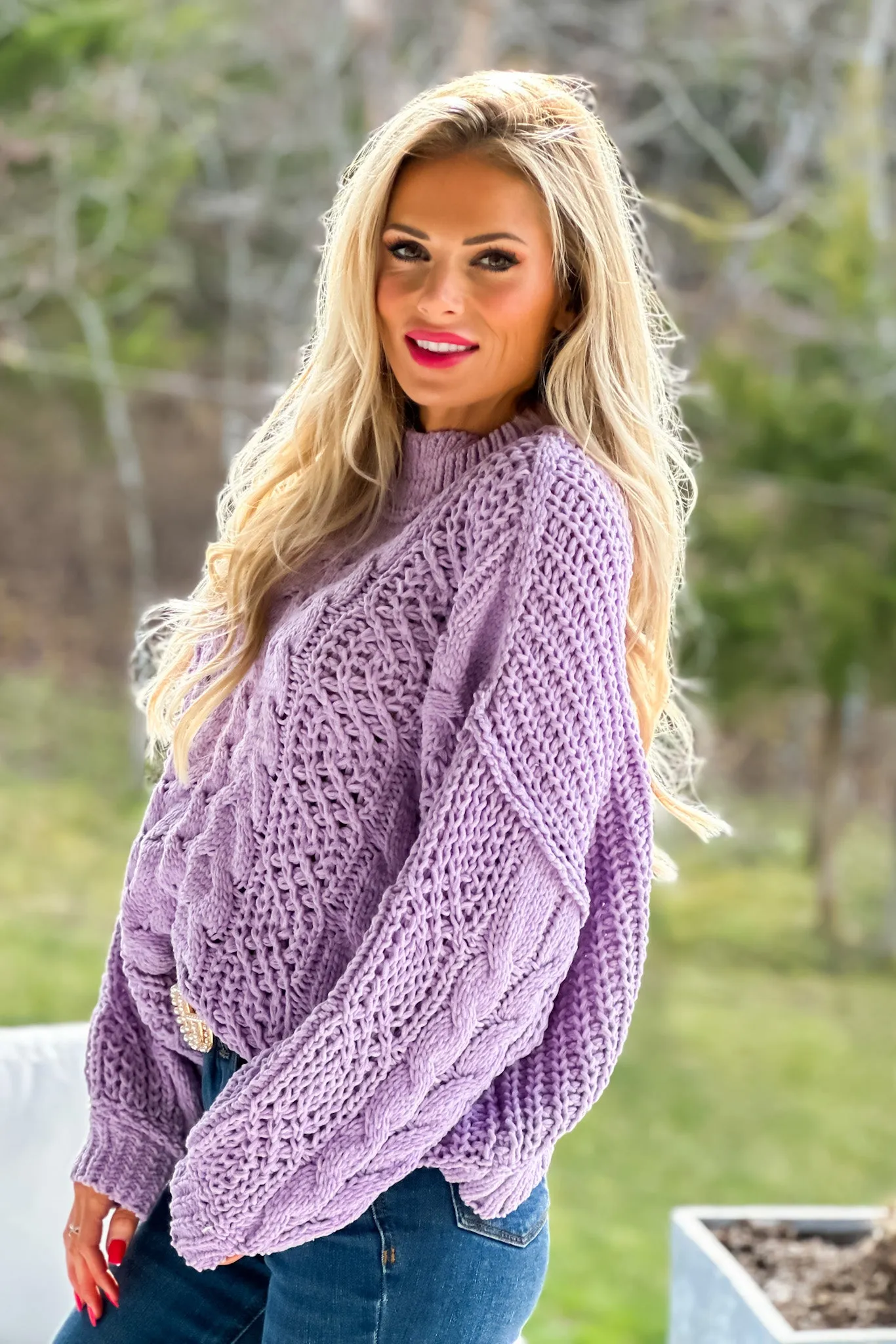 Taking Action Chenille Cable Knit Sweater : Lavender mi