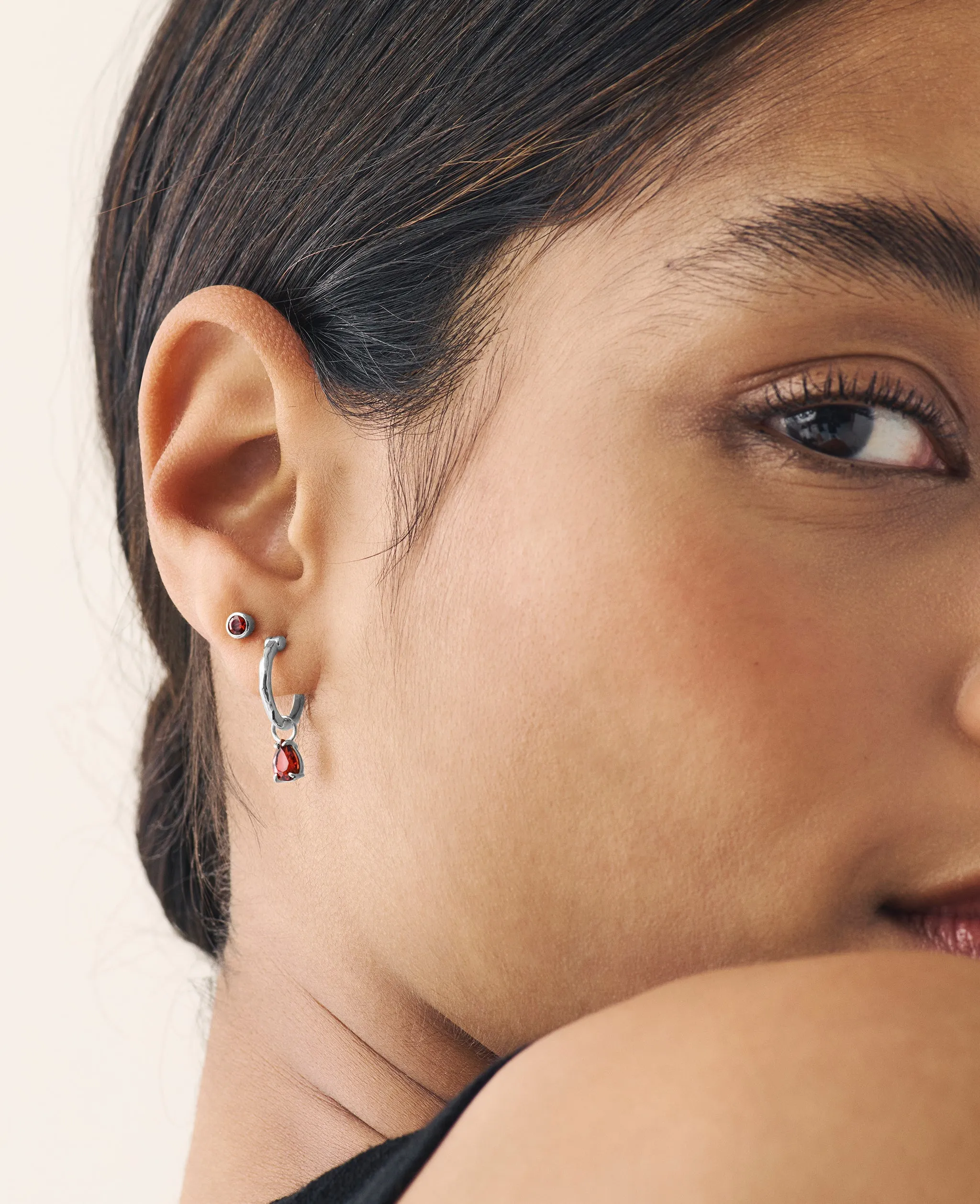 Teardrop Garnet Charm Hoops Silver