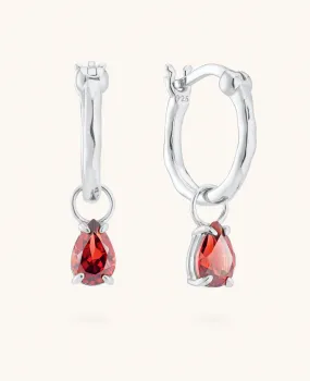 Teardrop Garnet Charm Hoops Silver