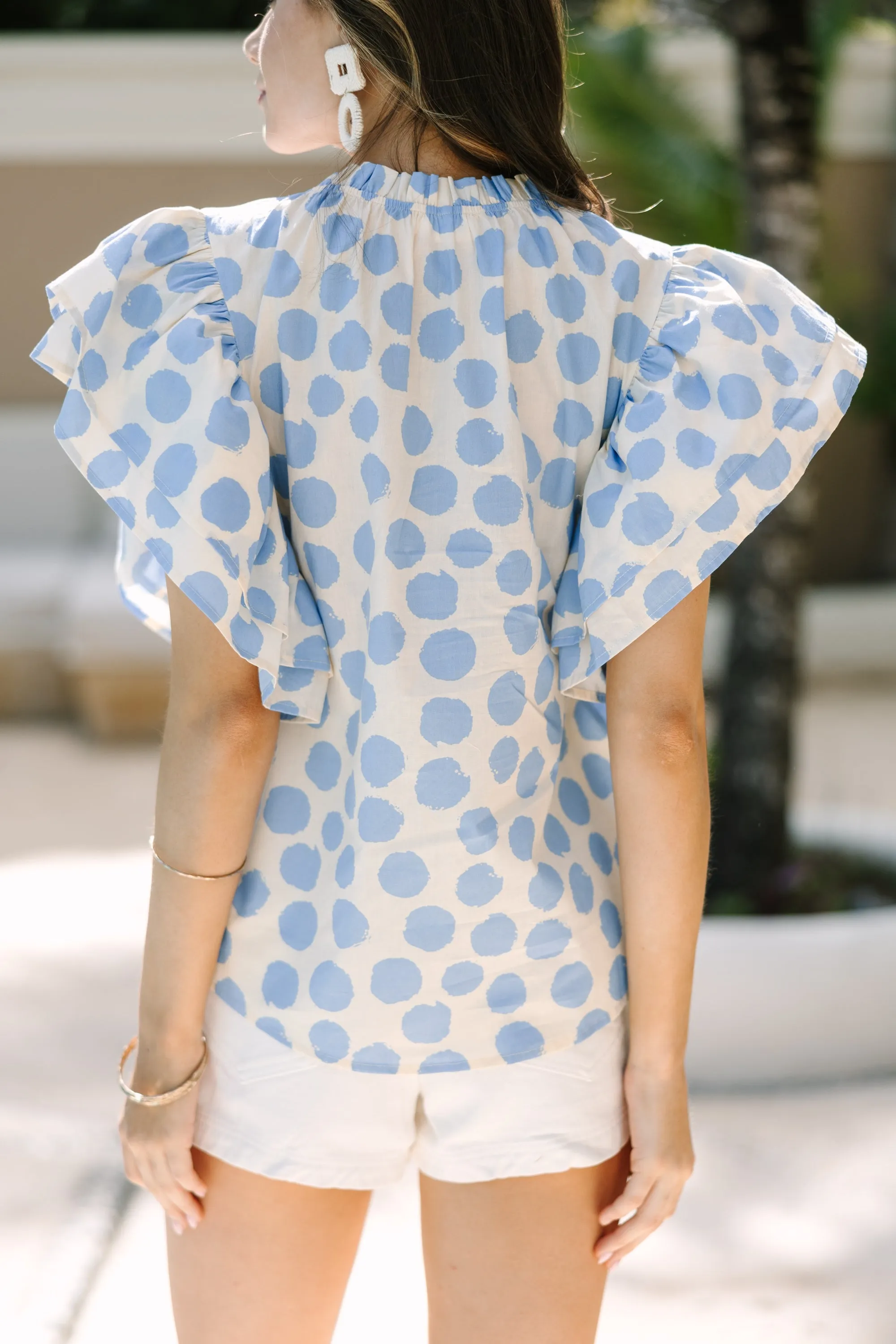 True Self Blue Polka Dot Ruffled Blouse