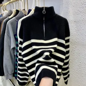 Turtleneck Striped Zipper Sweater