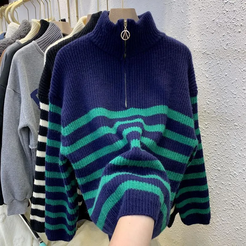 Turtleneck Striped Zipper Sweater