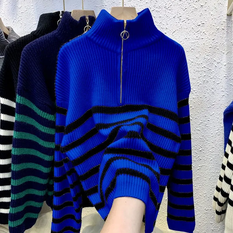 Turtleneck Striped Zipper Sweater