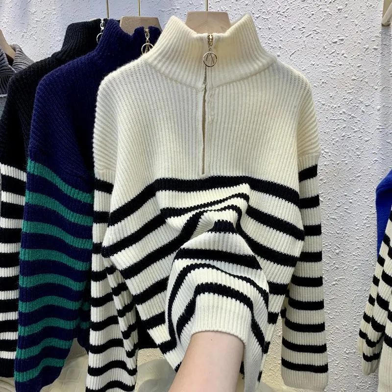 Turtleneck Striped Zipper Sweater