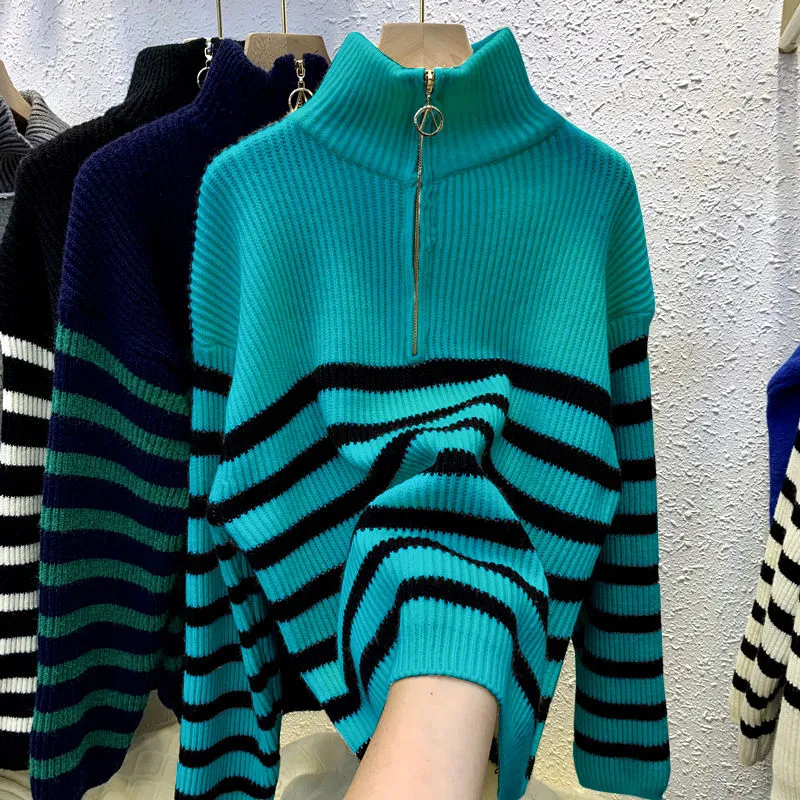 Turtleneck Striped Zipper Sweater