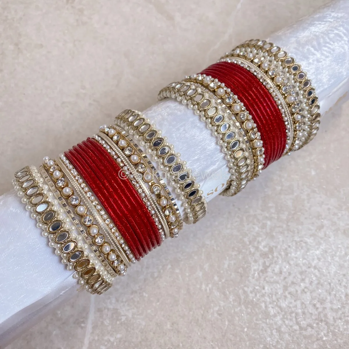 Urvi Mirror Bangle Set - Red