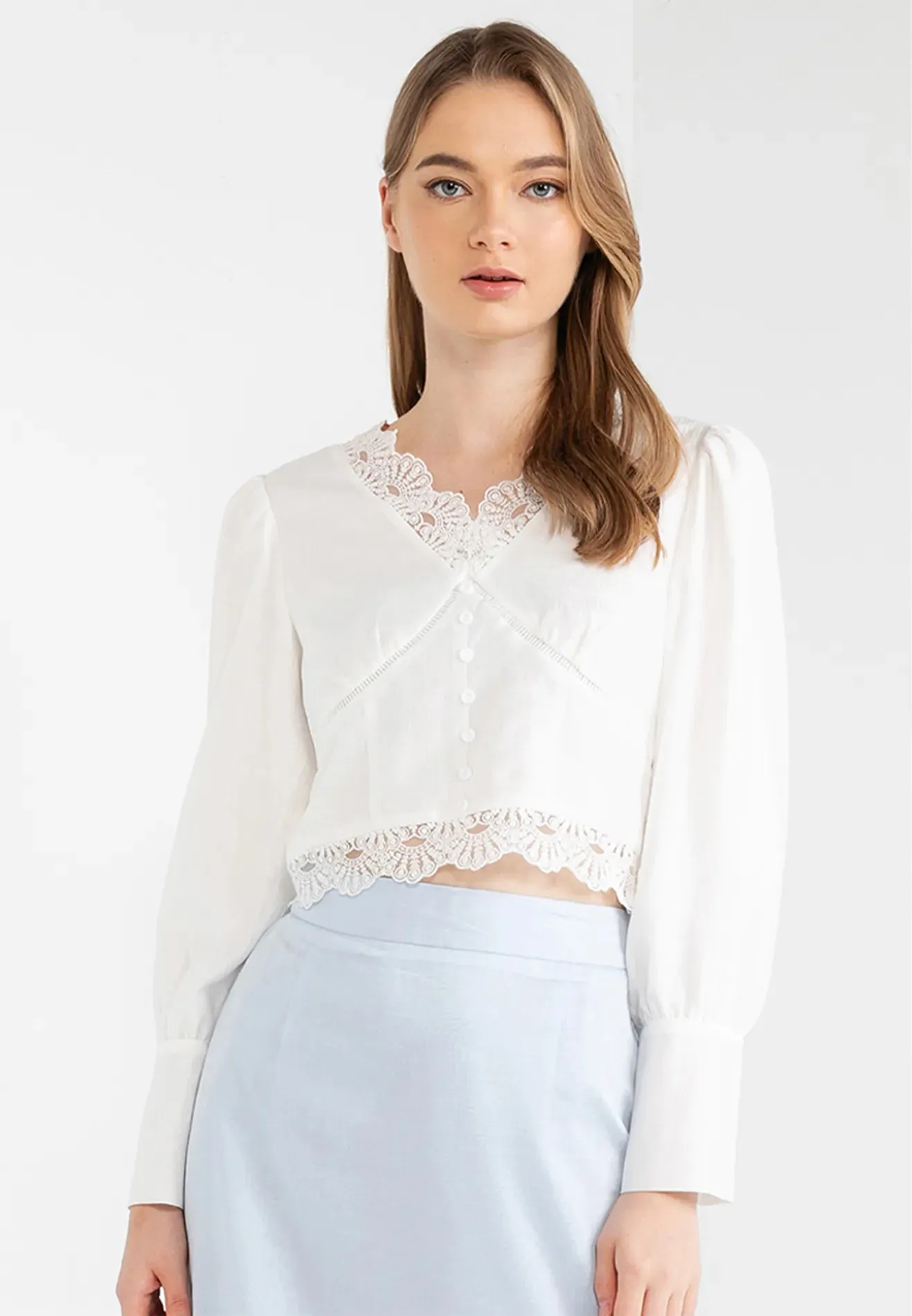 V-Neck Lace Trimmed Blouse