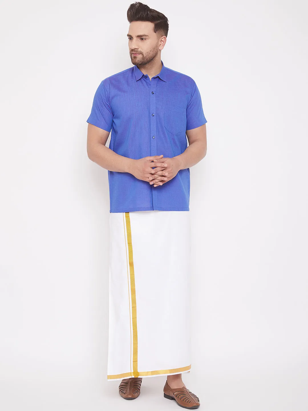 Vastramay Blue and White Cotton Blend Baap Beta Ethnic Shirt And Mundu Set