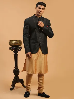 VASTRAMAY  Men's Black Silk Blend Jodhpuri With Rose Gold Viscose Kurta Pyjama Set