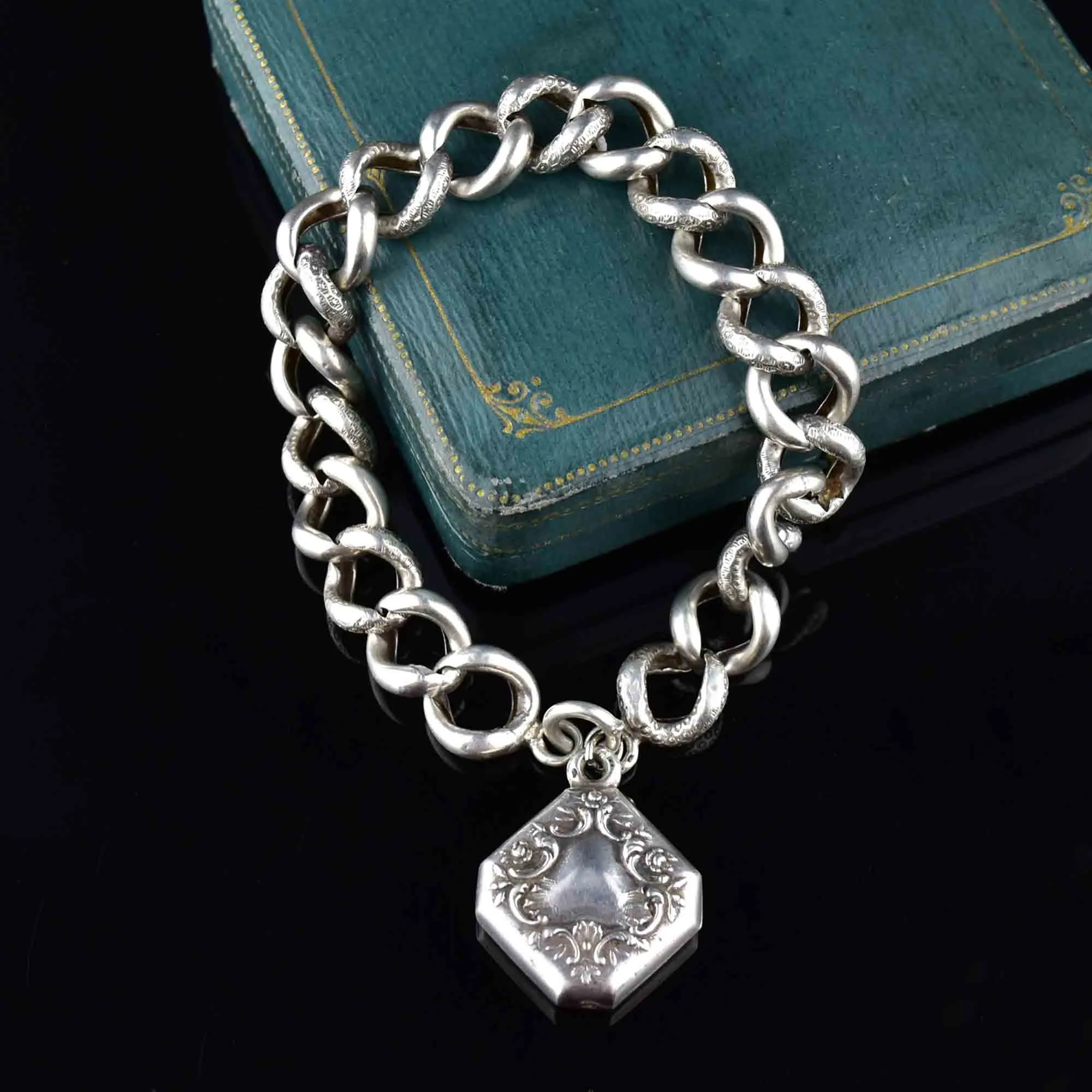 Victorian Day and Night Heart Charm Curb Link Bracelet