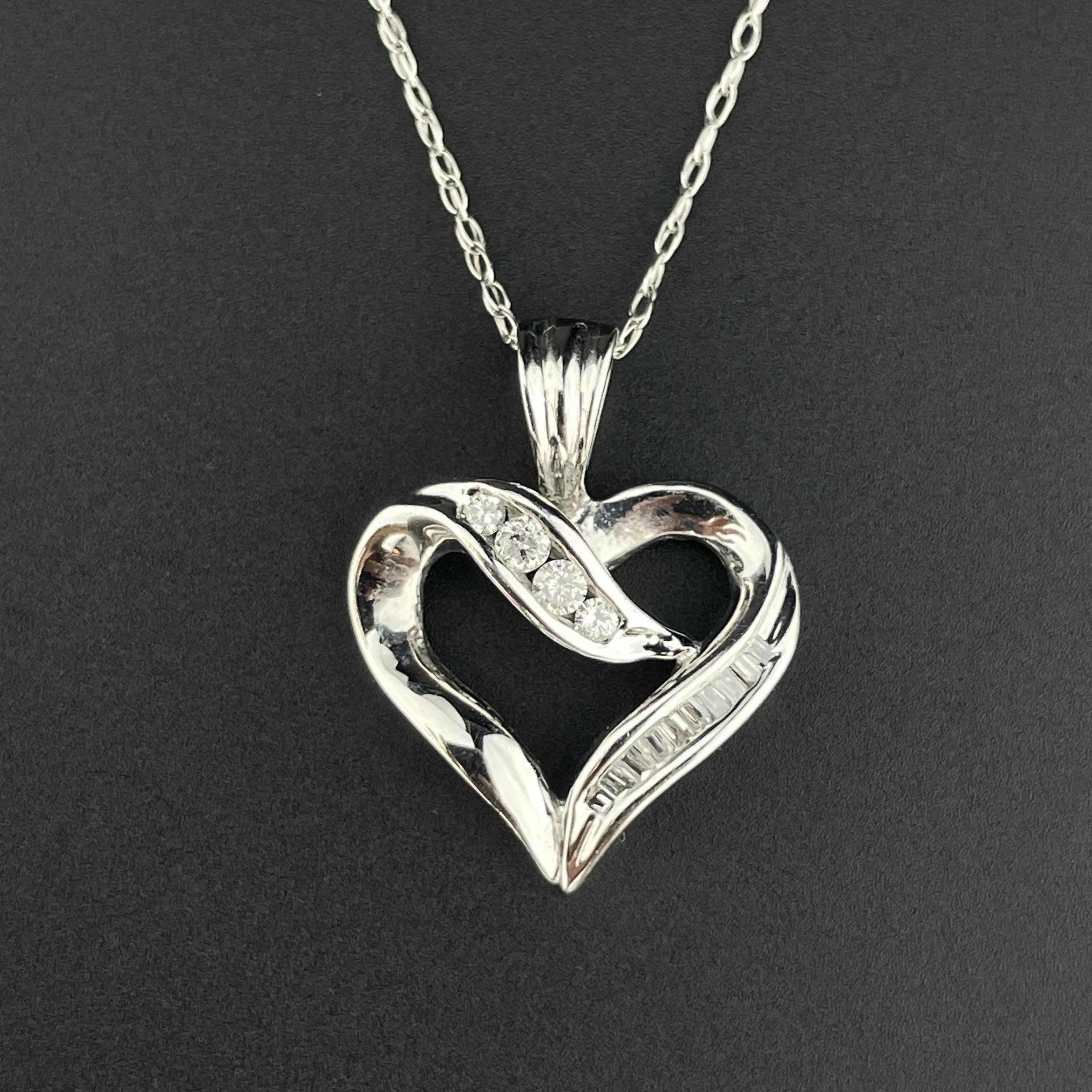 Vintage 10K White Gold Baguette Diamond Heart Pendant Necklace