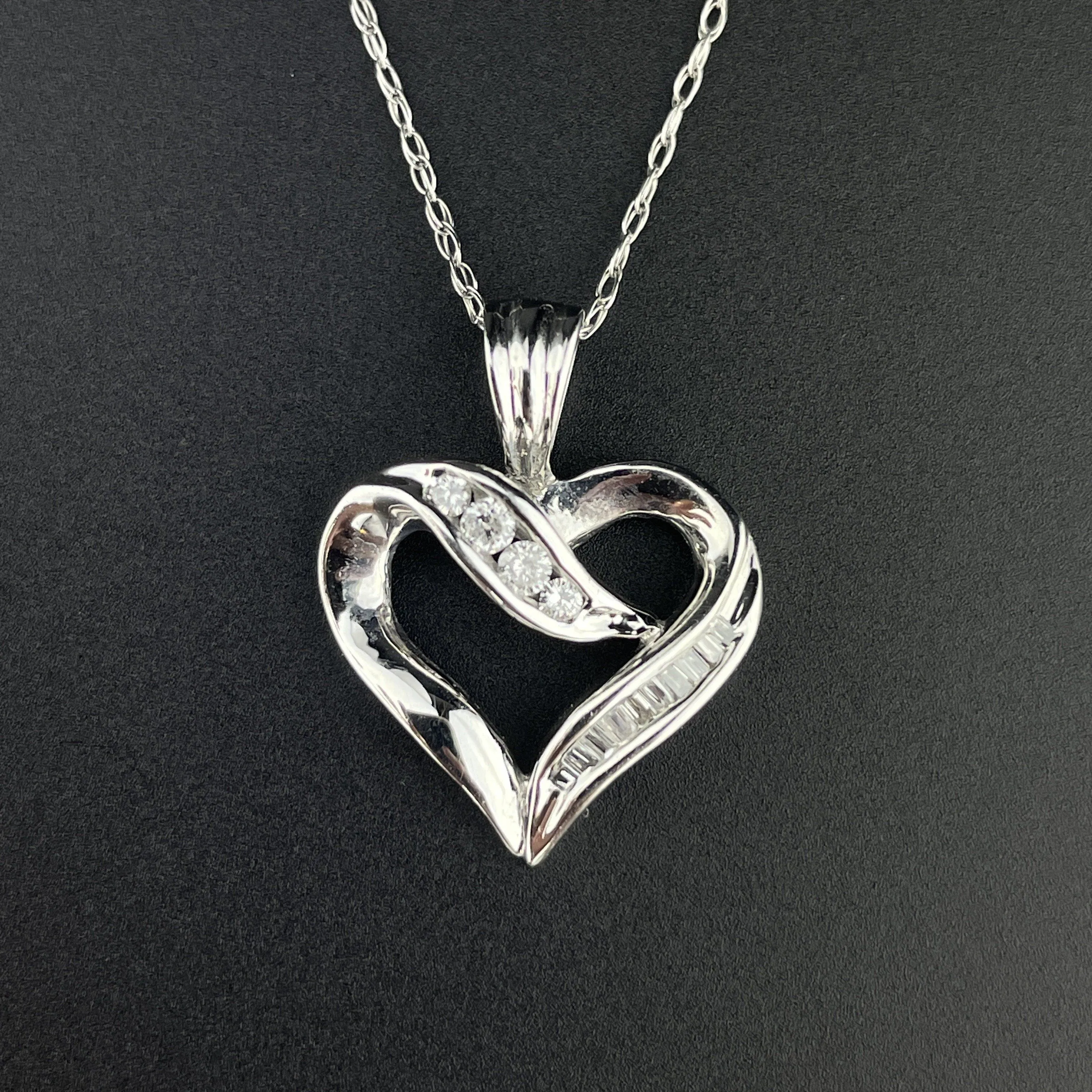 Vintage 10K White Gold Baguette Diamond Heart Pendant Necklace