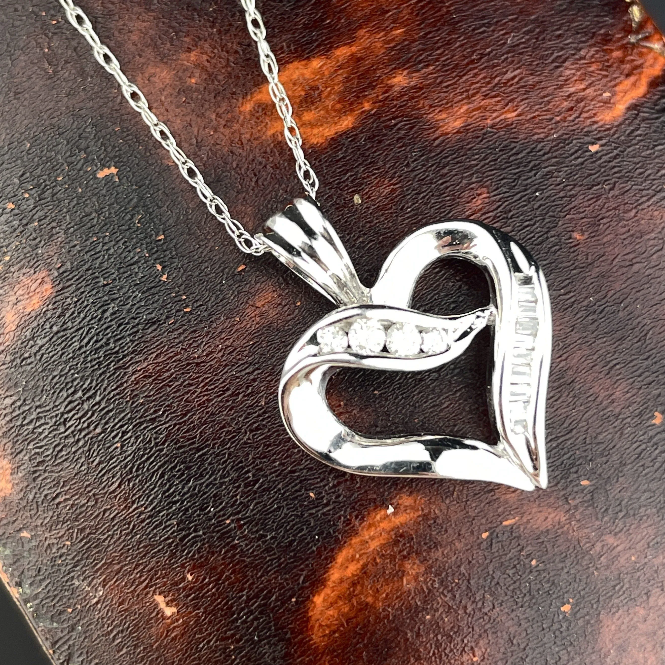 Vintage 10K White Gold Baguette Diamond Heart Pendant Necklace