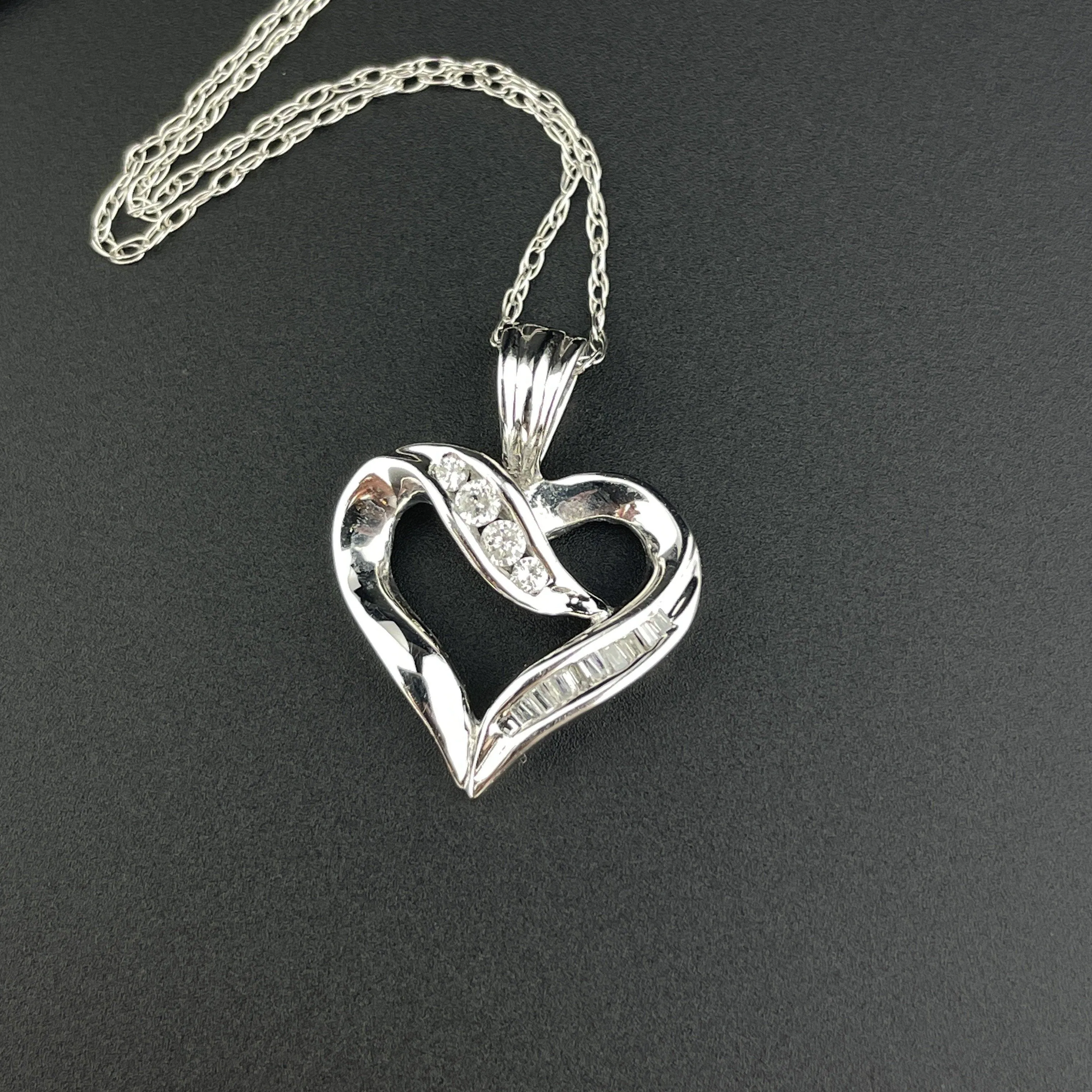 Vintage 10K White Gold Baguette Diamond Heart Pendant Necklace