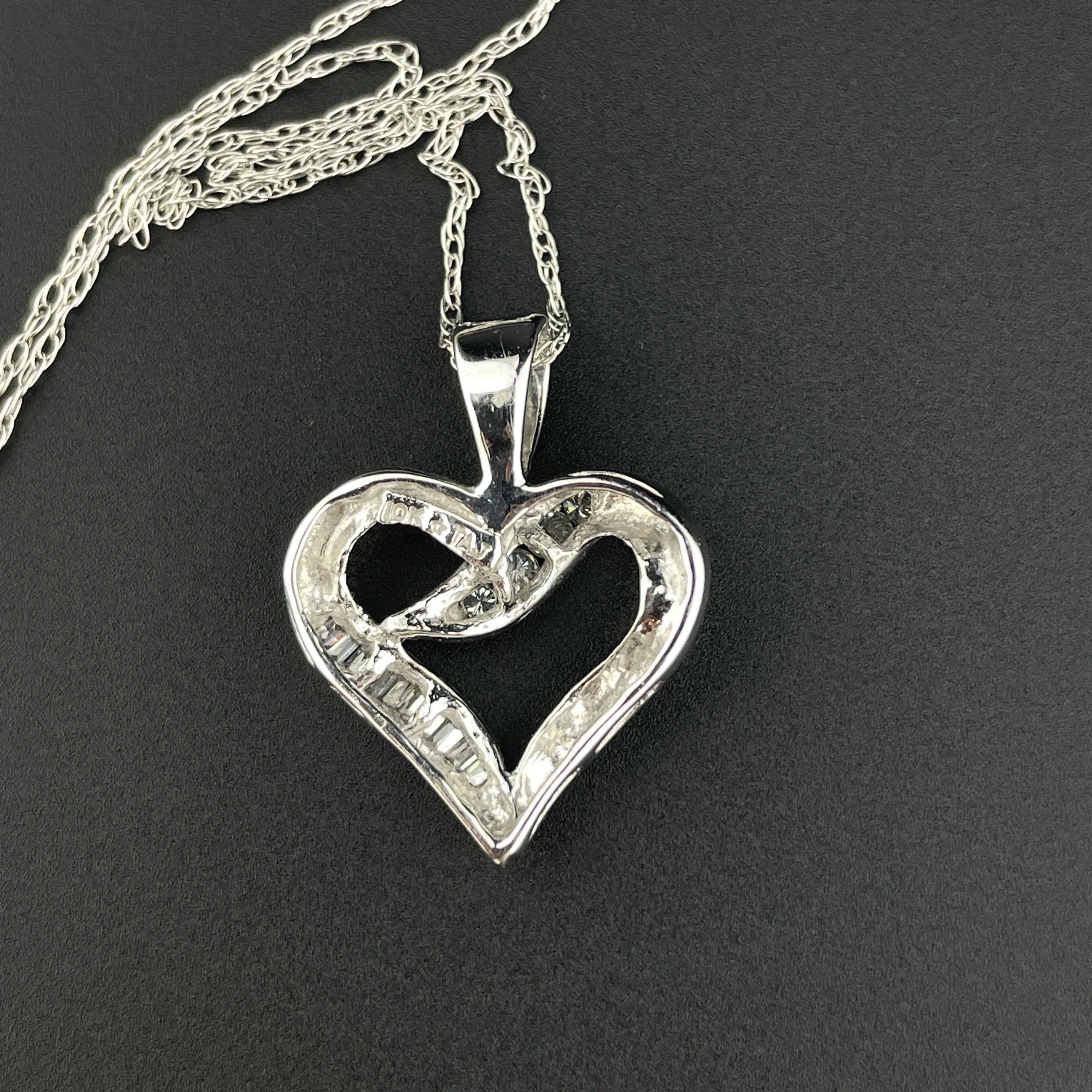 Vintage 10K White Gold Baguette Diamond Heart Pendant Necklace