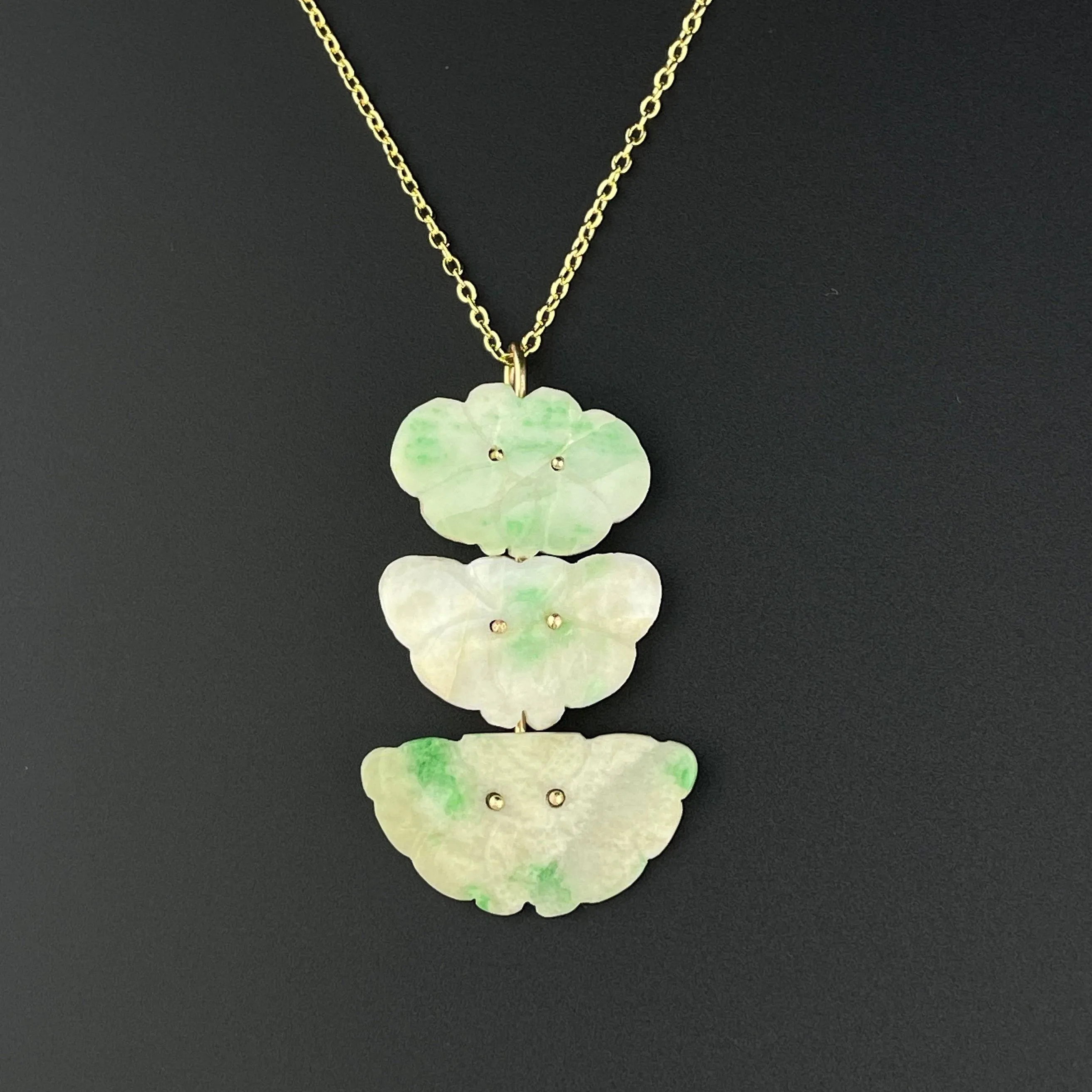 Vintage 14K Gold Jade Butterfly Carved Pendant Necklace