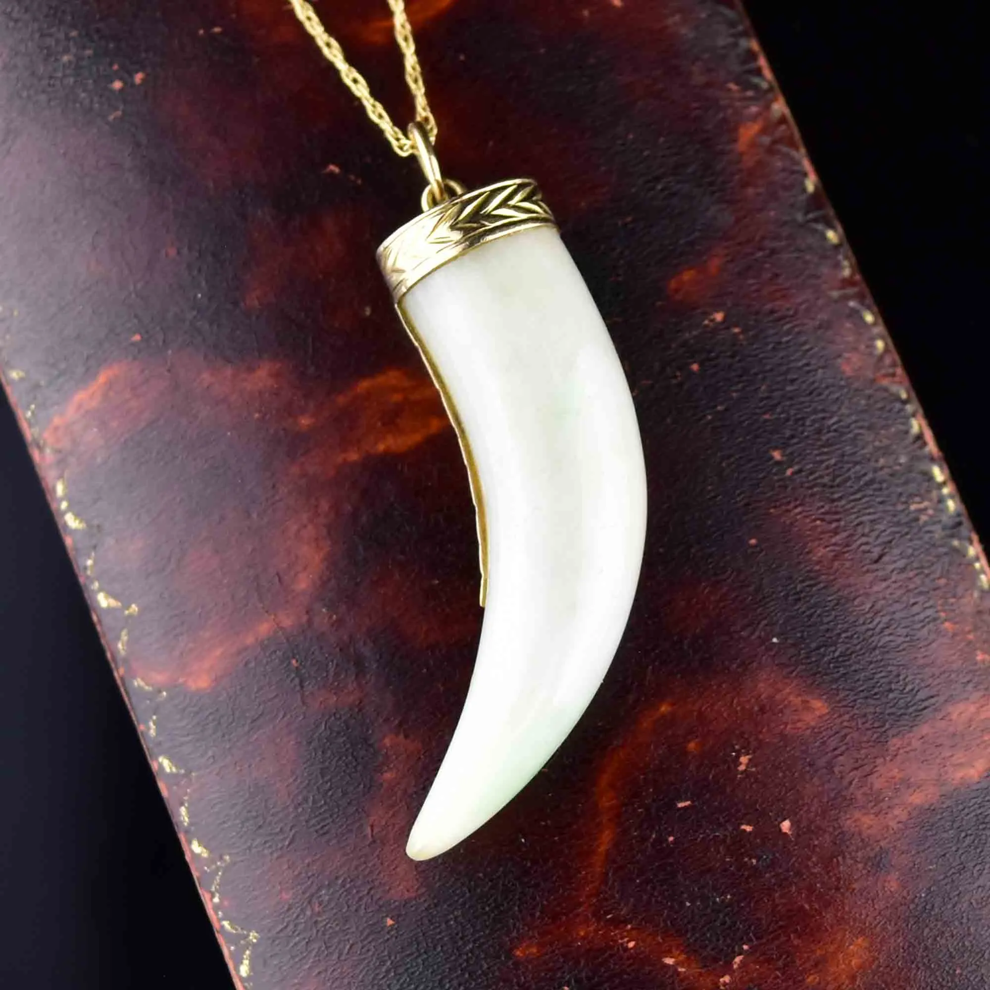 Vintage 14K Gold Jade Sabre Tooth Pendant Necklace