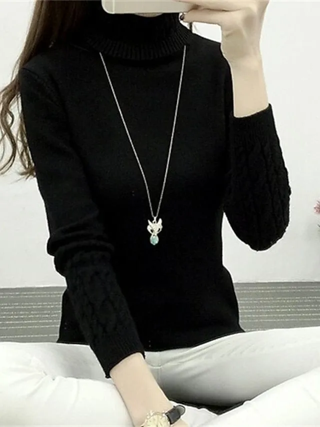 Women's Crochet Knit Turtleneck Pullover Sweater Jumper