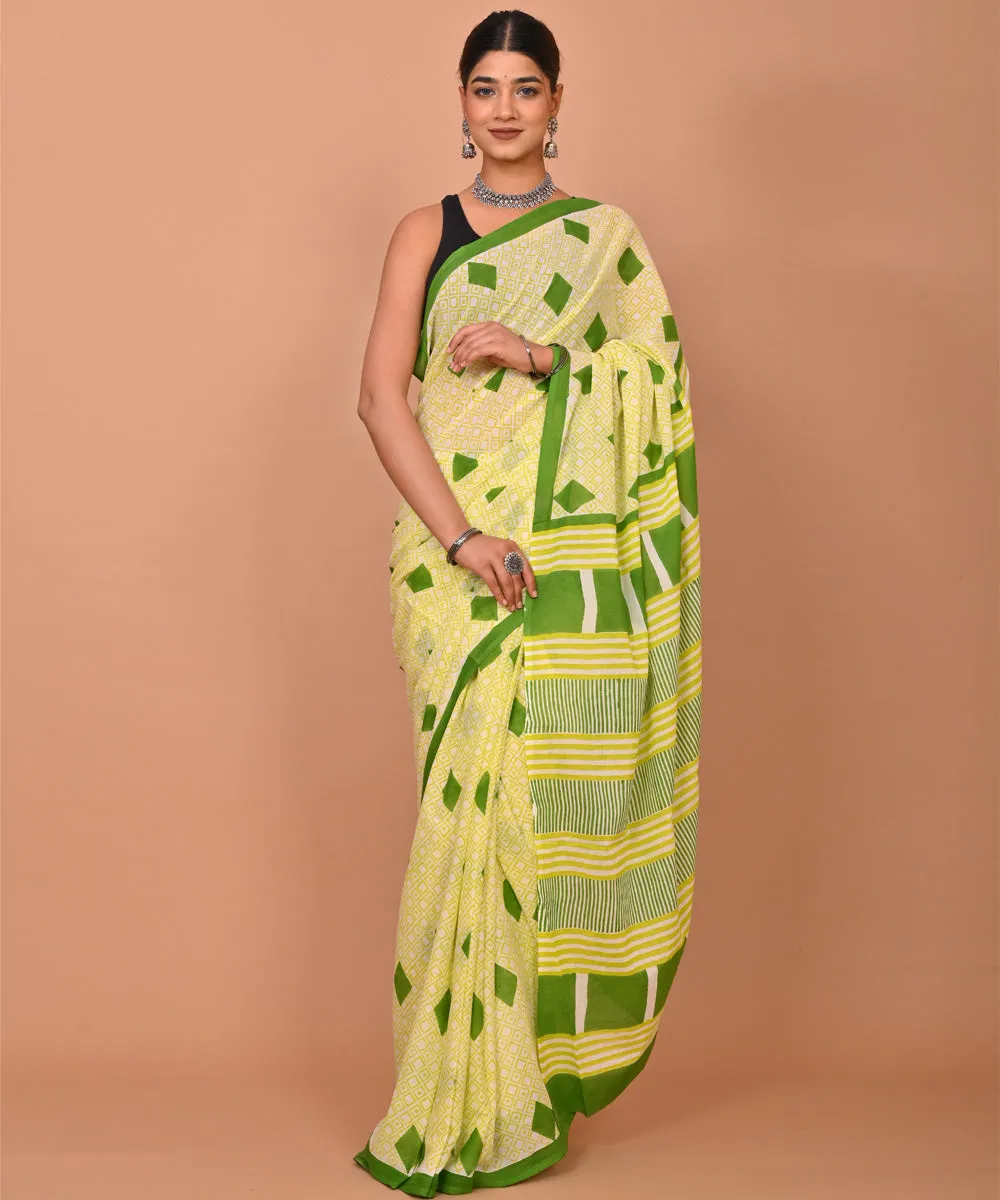 Yellow light green cotton hand printed bagru saree