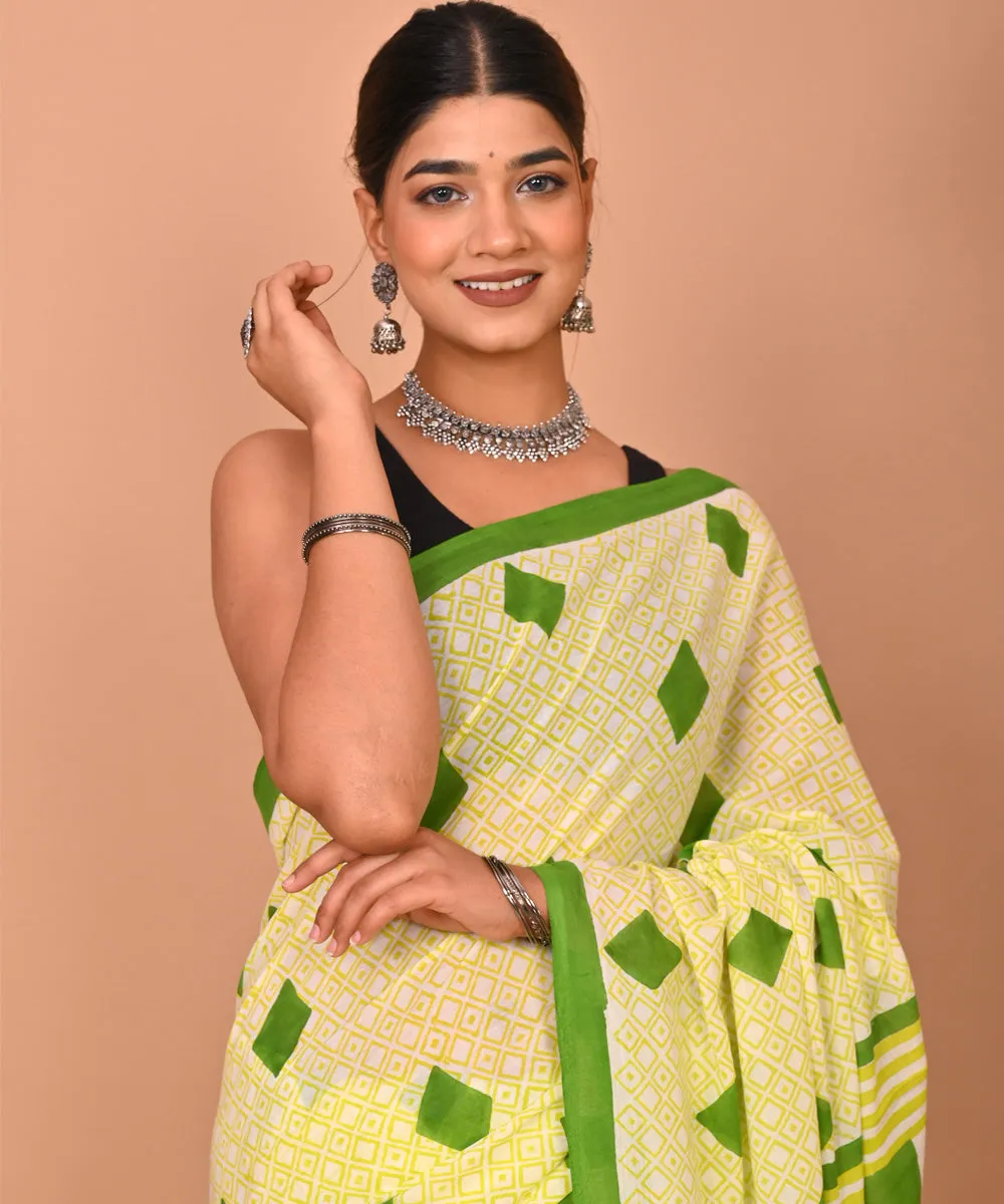 Yellow light green cotton hand printed bagru saree