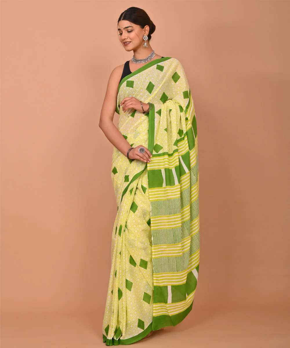 Yellow light green cotton hand printed bagru saree