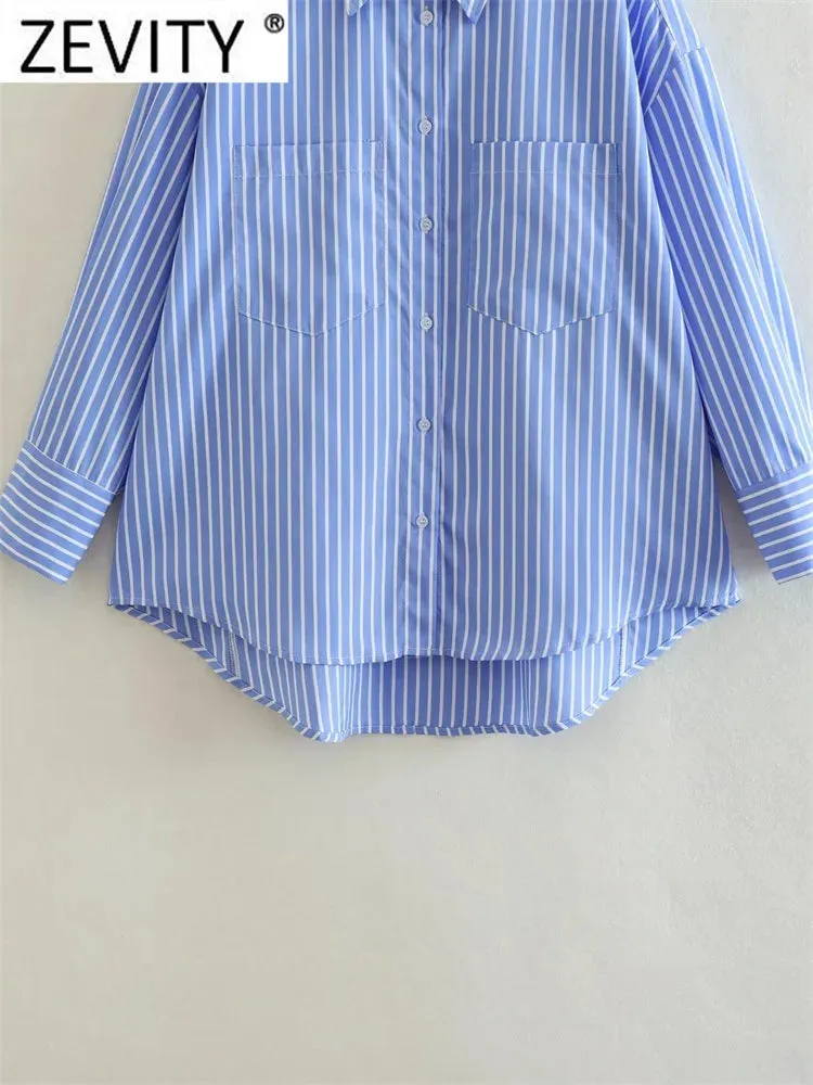 Zevity Women Fashion White Blue Striped Print Loose Shirt Office Lady Double Pocket Patch Smock Blouse Roupas Chic Tops LS3468