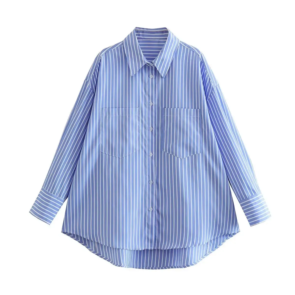 Zevity Women Fashion White Blue Striped Print Loose Shirt Office Lady Double Pocket Patch Smock Blouse Roupas Chic Tops LS3468