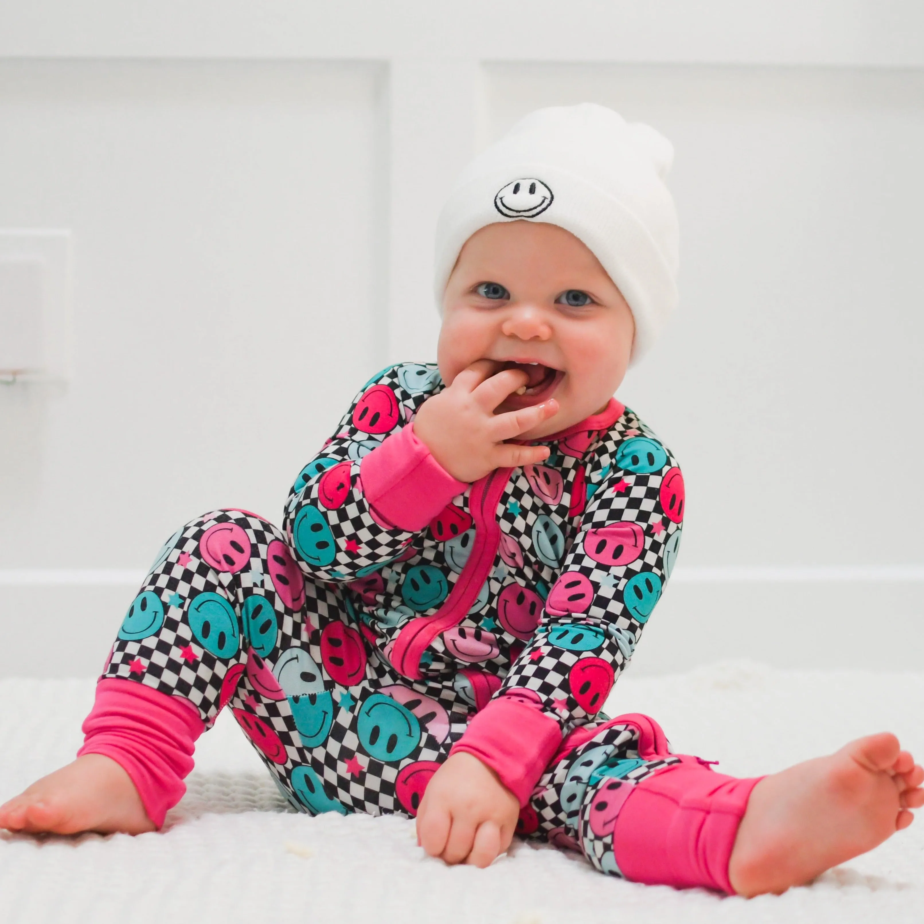 ZIP ROMPER - Pink Check Smile